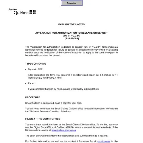 Document preview: Quebec Civil Justice Application for Relief from Garnishment Default — Legal & justice (SJ-857-09A)