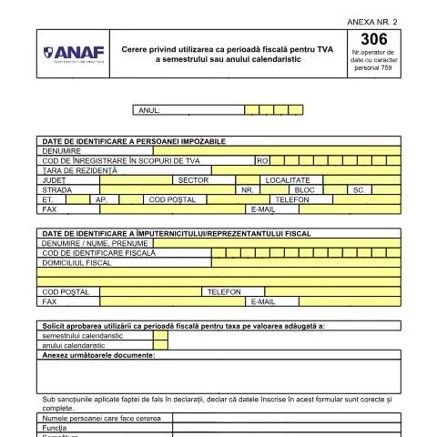 Document preview: Importanța Cererii pentru TVA OPANAF 2037/2016 — Impozite & fiscalitate (CERFA n°306_OPANAF_2037_2016)