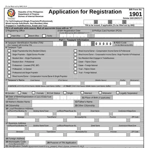 Document preview: Complete Guide to BIR Form No. 1901 for Self-Employment — Taxes (CERFA n°1901)