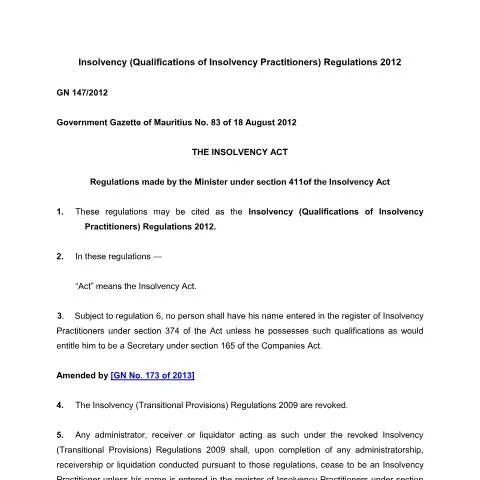 Document preview: Understanding Mauritius Insolvency Practitioner Regulations 2012 — Government & admin (CERFA n°insolvency-qualifications-insolvency-practitioners-regulations-no-147-220160528043253842_4)