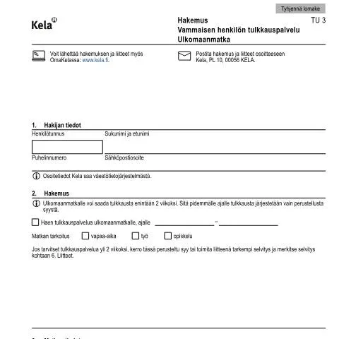 Document preview: Vammaisen henkilön tulkkauspalvelun hakeminen ulkomaanmatkalle — Tuet & sosiaalietuudet (CERFA n°Kela TU 3)