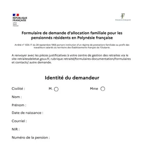 Aperçu du document Formulaire de demande d’allocations familiales pour pensionnés en — Aides & prestations sociales (Cerfa 16260*01)