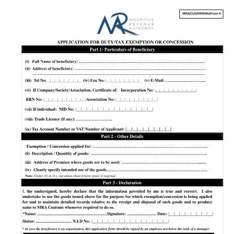 Document preview: Essential Guide to Duty Tax Exemption Application — Government & admin (ApplicationDutyTax110315)