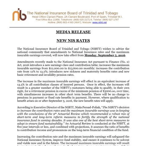Document preview: Critical Update on National Insurance Rates in Trinidad and Tobago — Government & admin (CERFA n°Media release and new rates)