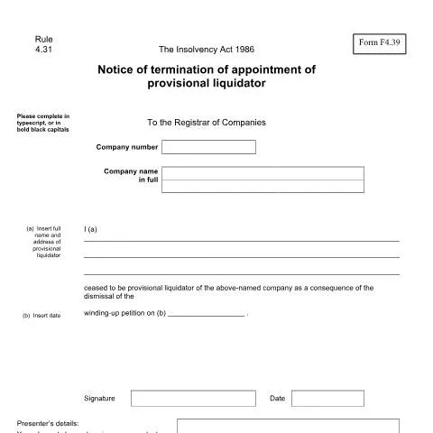 Document preview: Understanding Form F4.39 for Liquidator Termination — Government & admin