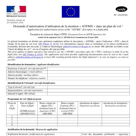 Aperçu du document Autorisation mention ATFMX : procédure pour vols prioritaires — Démarches administratives (CERFA n°15219*01)