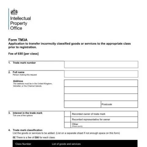 Document preview: Correcting Trademark Classifications in the UK — Government & admin (TM3A)