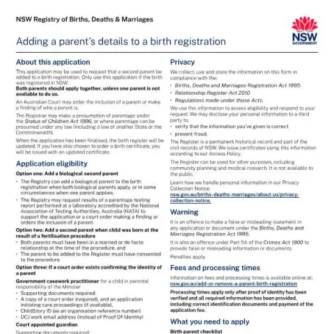 Document preview: How to Add a Parent’s Details to a Birth Registration in NSW — Civil status & identity (Form 8)