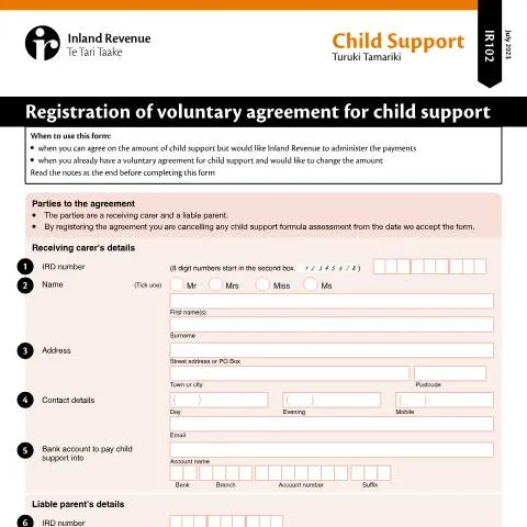 Document preview: Navigating the IR102 Form for Child Support in New Zealand — Taxes (CERFA n°IR102)
