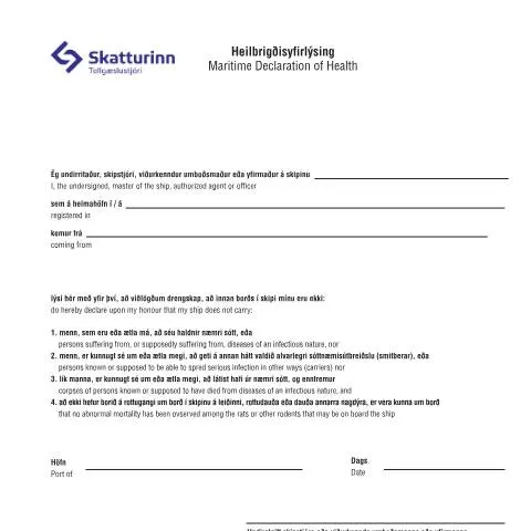 Document preview: Heilbrigðisyfirlýsing TO9 fyrir skip í Ísland — Tollur & innflutningur