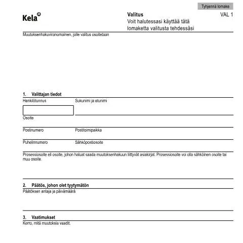 Document preview: Valituslomake Kela VAL 1 - Muutoksenhakuprosessi — Hallinnolliset asiat (CERFA n°Kela VAL 1)