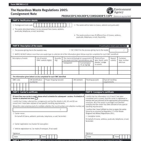 Document preview: Hazardous Waste Consignment Note: Multi-Party Documentation System — Environment & energy