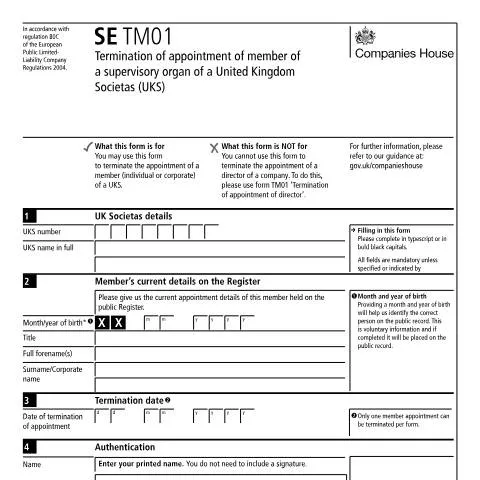 Document preview: Navigating the SE TM01 Form for UK Societas Member Termination — Government & admin