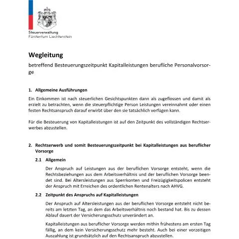 Dokumentvorschau: Wegleitung zur Besteuerung von Kapitalleistungen in Liechtenstein — Steuern (CERFA n°besteuerungszeitpunkt-kapitalleistungen-berufliche-personalvorsorge-wegleitung)