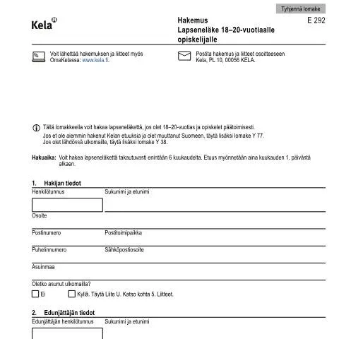 Document preview: Opas lapseneläkkeen hakemiseen opiskelijalle — Hallinnolliset asiat (CERFA n°Kela E 292)
