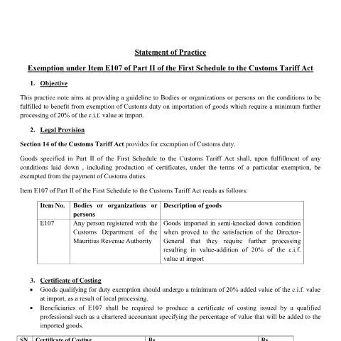 Document preview: Navigating Customs Duty Exemptions with Item E107 — Government & admin (ItemE107)