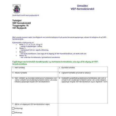 Document preview: Skref til að sækja um heimild til VEF-farmskrárskila — Tollur & innflutningur