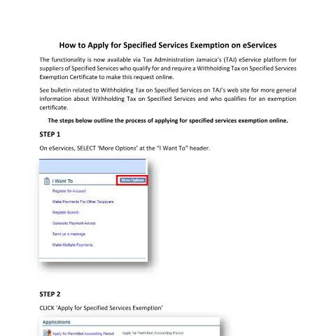 Document preview: Guide to Applying for a Specified Services Exemption in Jamaica — Government & admin (CERFA n°How_to_Apply_for_Specified_Services_Exemption_on_eServices_Guide_062020)