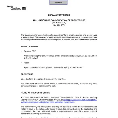 Document preview: Guide to Filing for Consolidation of Proceedings in Quebec Small — Legal & justice (SJ-857-27A)