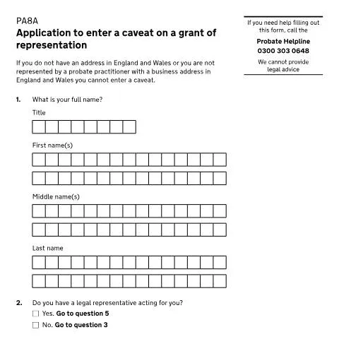 Document preview: How to Apply for a Probate Caveat Using Form PA8A — Legal & justice