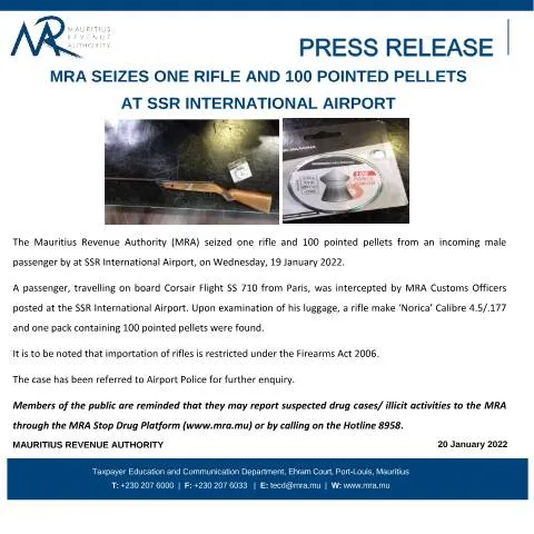 Document preview: MRA's Key Role in Firearms Control at SSR Airport — Government & admin (PressReleaseRifle200122)