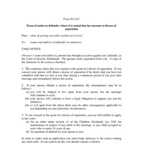 Document preview: Official Notice to Defender: Consent to Separation Decree — Legal & justice (4914-C)