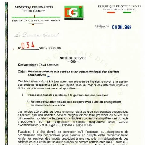 Aperçu du document Cadre réglementaire de la note de service 0034 0001 en Côte d'Ivoire — Démarches administratives