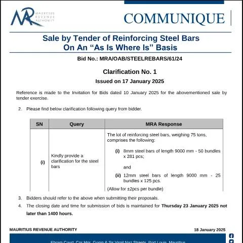 Document preview: Understanding Clarification No. 1 for Steel Bars Tender — Government & admin (Clarification1SteelBars170125)