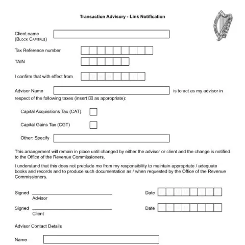 Document preview: Transaction Advisory Link Notification for Ireland — Taxes (RPC014047_EN_WB_L_2)