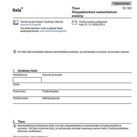 Document preview: Saamenkielinen ensikirja: Tärkeys perheille Suomessa — Perhe (CERFA n°Kela SV 300)