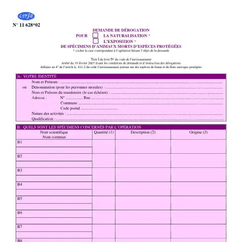 Aperçu du document Autorisation de naturalisation d'espèces protégées en France — Démarches administratives (CERFA n°11628*02)