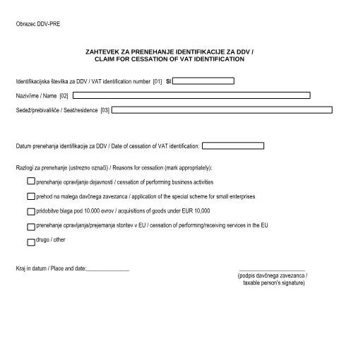 Document preview: Razumevanje Zahtevka za prenehanje identifikacije za DDV — Davki & obdavčitev (CERFA n°DDV-DeDDV)