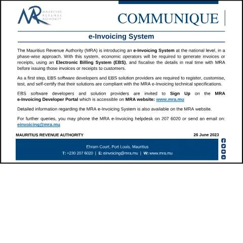 Document preview: Mauritius Implements New e-Invoicing System for Better Tax Monitoring — Taxes (CERFA n°e-InvoicingCommunique)