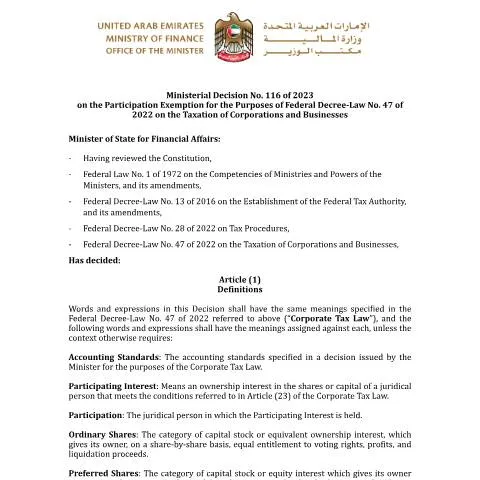Document preview: UAE Corporate Tax: Participation Exemption Overview 2023 — Taxes (CERFA n°Ministerial Decision No (116) of 2023)
