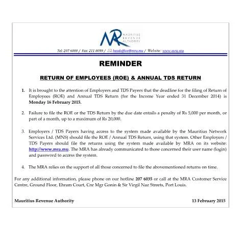 Document preview: Important Reminder: Employees Return & Annual TDS Compliance — Taxes (CERFA n°ReminderROETDS130215)
