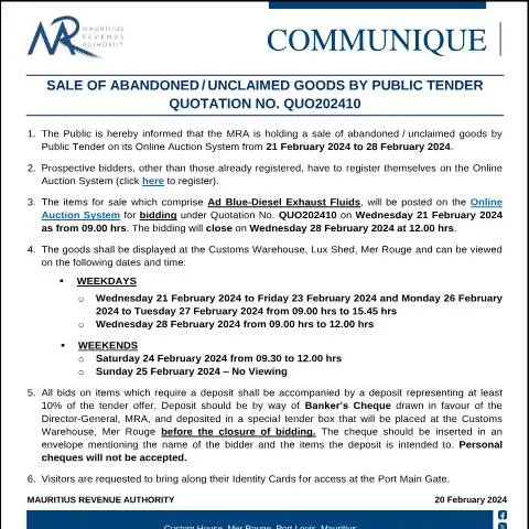 Document preview: Mauritius Revenue Authority Announces Sale of Unclaimed Goods via — Government & admin (CommuniqueQuo202410)