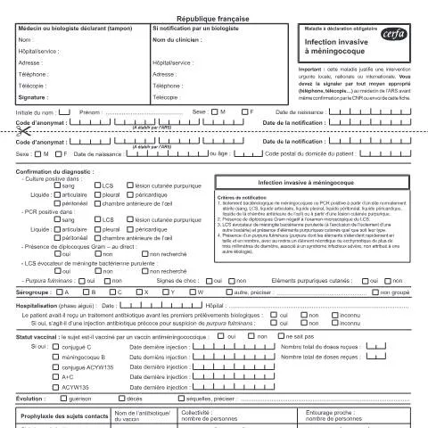 Aperçu du document Infection invasive à méningocoque : obligations de déclaration — Santé (CERFA n°12201*04)