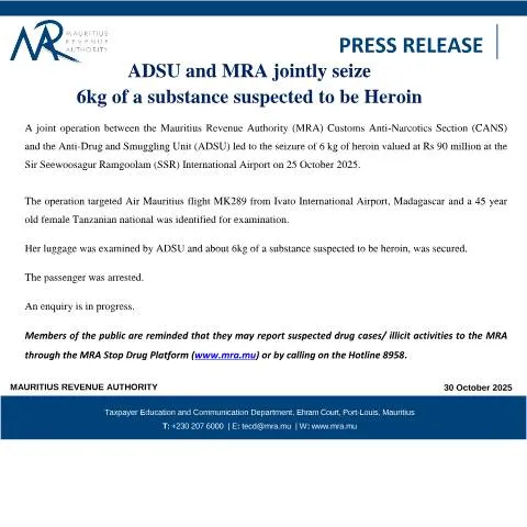 Document preview: Mauritius Authorities Seize 6kg of Suspected Heroin — Government & admin (PressRelease1301025)