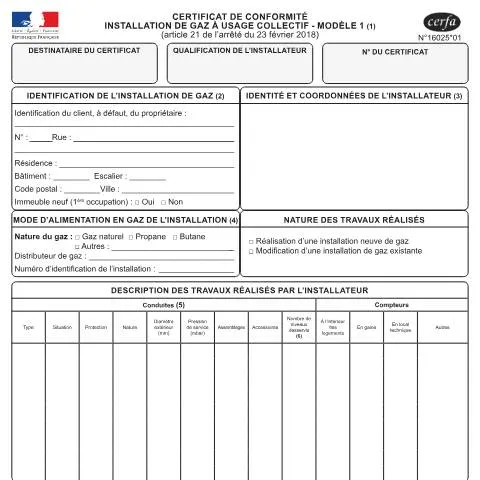 Aperçu du document Formulaire 16025*01 : certificat conformité installation gaz — Démarches administratives (CERFA n°16025*01)