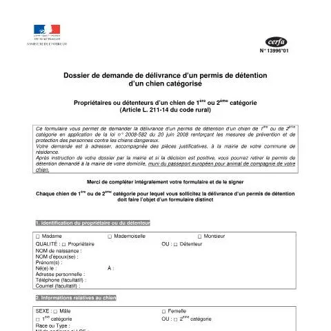 Aperçu du document Autorisation préfectorale pour chiens catégorisés : démarches — Démarches administratives (CERFA n°13996*01)