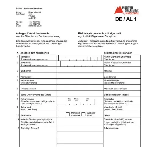 Dokumentvorschau: Rentenantrag aus Albanischer Versicherung , Anleitung und Hinweise (Deutsch / Albanisch) — Rente & Pension (E8920)