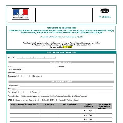 Aperçu du document Dispositif d'aide pour la mise aux normes des stockages d'effluents — Démarches administratives (CERFA n°15405*01)