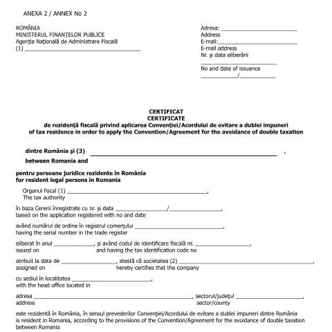 Document preview: Importanța certificatului de rezidență fiscală pentru companii — Impozite & fiscalitate (CERFA n°A2_OMFP_583_2016)