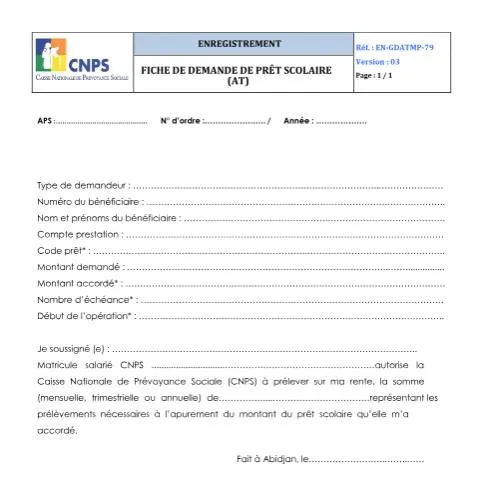 Aperçu du document Comprendre la FICHE DE DEMANDE DE PRÊT SCOLAIRE en Côte d'Ivoire — Démarches administratives