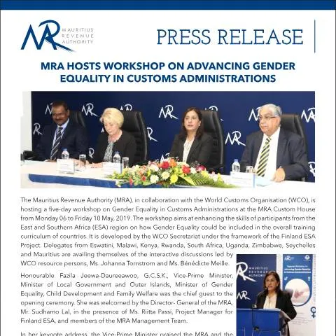 Document preview: MRA Workshop Promotes Gender Inclusivity in Customs — Government & admin (PressRelease070519)