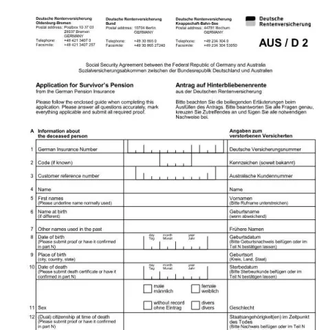 Dokumentvorschau: Formular A9802 Antrag auf Hinterbliebenenrente bei DRV (Englisch) — Rente & Pension (A9802)