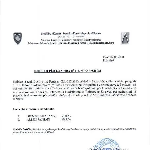 Document preview: Roli i Njoftimit për Kandidatët e Sukesshëm në Kosovë — Punë & punësim
