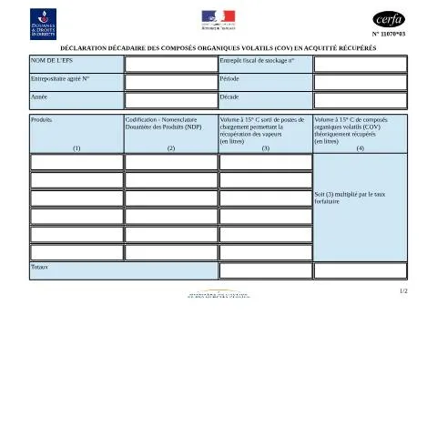 Aperçu du document Formulaire 11070*03 : déclaration des COV récupérés en France — Démarches administratives (CERFA n°11070*03)
