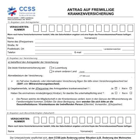 Aperçu du document Guide sur la demande d'assurance maladie volontaire au Luxembourg — Santé (CERFA n°ccss-formulaire-admission-assurance-volontaire-maladie)