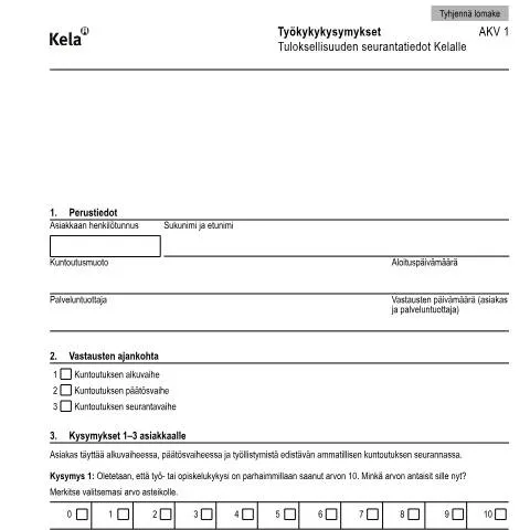 Document preview: Työkykykysymykset ja Kela AKV 1 -lomake — Hallinnolliset asiat (CERFA n°Kela AKV 1)